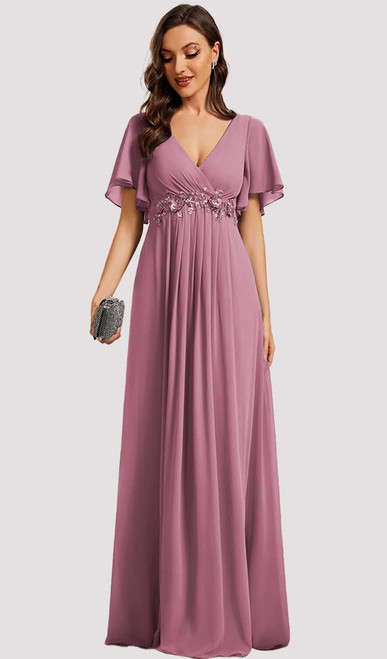 MAUVE EMPIRE WAIST CHIFFON FLUTTER SLEEVE EVENING DRESS - IMAGE 1