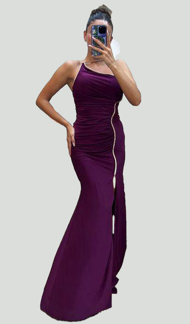 Plum one sided elegant gathered jersey gown with gold detail - Image 1