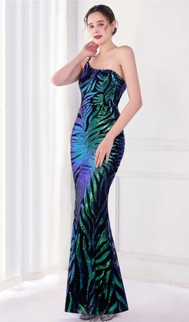 Multicolored one shoulder stretch sequin evening gown - Image 1 