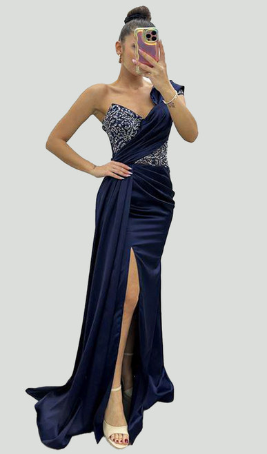 Designer asymmetrical satin corset gown with split - Image 1