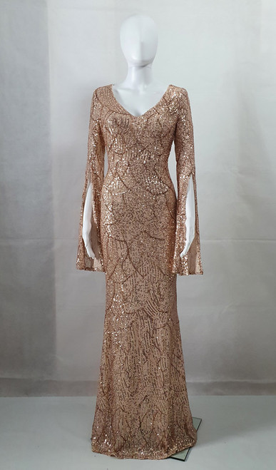 ROSE GOLD STRETCH SEQUIN FORMAL GOWN WITH ELBOW SPLIT SLEEVE - IMAGE 1