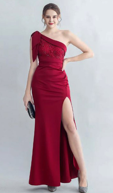 ONE SHOULDER ELEGANT EVENING GOWN WITH LACE INSERT - IMAGE 2