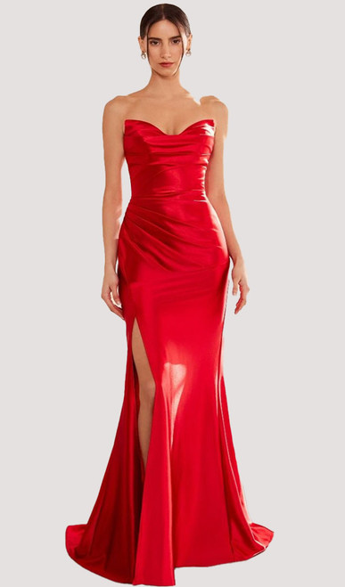 RED SATIN FORMAL GOWN WITH PLEATED CORSET AND SIDE SPLIT - IMAGE 1