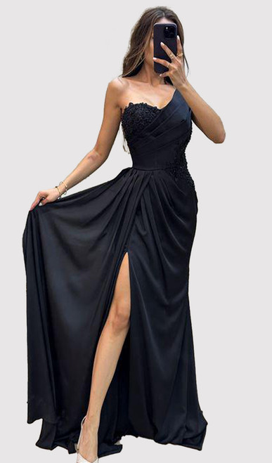 Black designer strapless corset ballgown with embroidery - Image 1