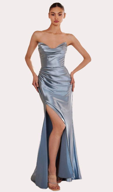LIGHT BLUE SATIN FITTED FORMAL DRESS WITH PLEATED CORSET - IMAGE 1