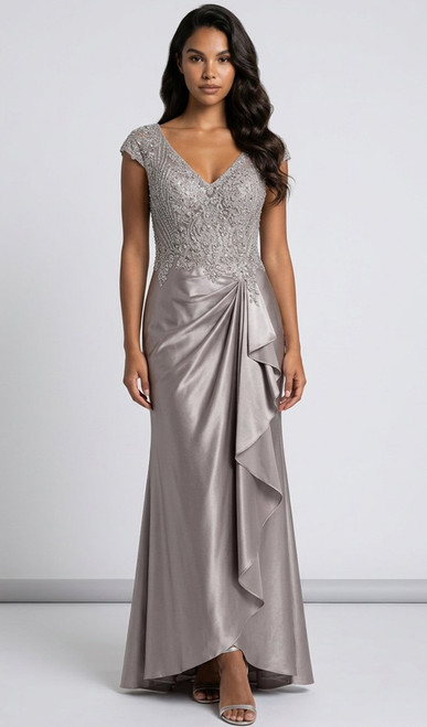 Stretch satin wrap around hand beaded cap sleeve evening gown - Image 1