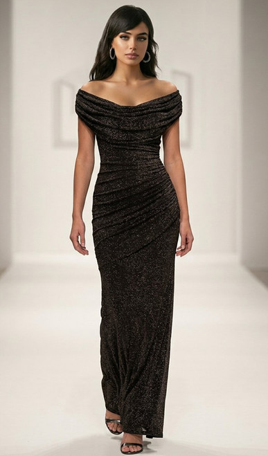 Flexible cowl neckline stretch shimmer evening dress- Image 1
