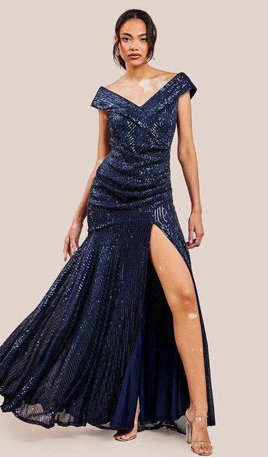 Pleated navy off-shoulder evening gown - Image 1