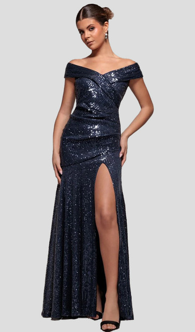 Pleated navy off-shoulder evening gown - Image 1