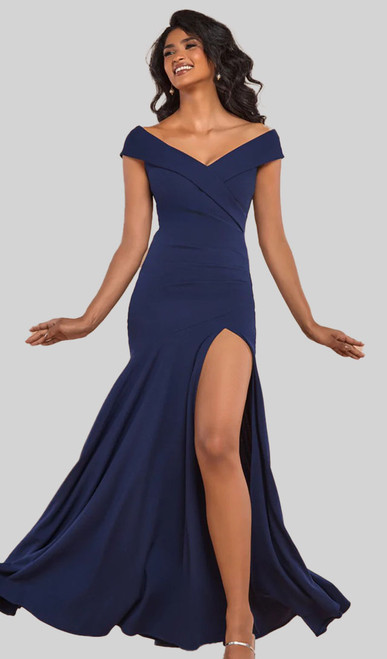 NAVY OFF SHOULDER STRETCH JERSEY EVENING GOWN - IMAGE 1 NAVY OFF SHOULDER STRETCH JERSEY EVENING GOWN - IMAGE 1