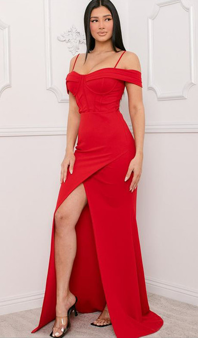 RED OFF SHOULDER CORSET GOWN WITH SIDE SPLIT - IMAGE 1