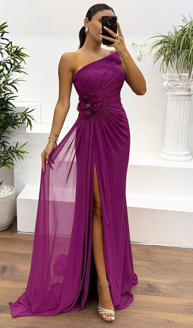 PLEATED CHIFFON STRAPLESS CORSET GOWN WITH SIDE SPLIT - IMAGE 1