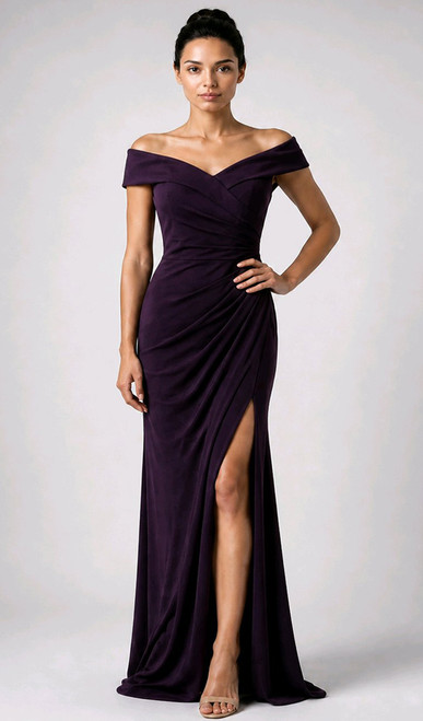 Flattering plum stretch satin formal evening gown - image 1