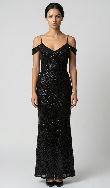 STRETCH SEQUIN EVENING DRESS WITH SHOULDER COVERAGE - IMAGE 1