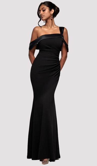 STRETCH JERSEY PLEATED GOWN WITH SATIN DETAIL - IMAGE 1
