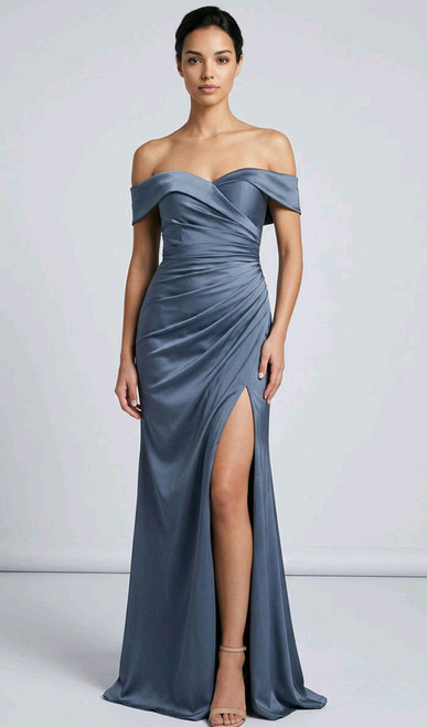 FLATTERING STRETCH SATIN OFF SHOULDER FORMAL BLACK TIE DRESS -IMAGE 1