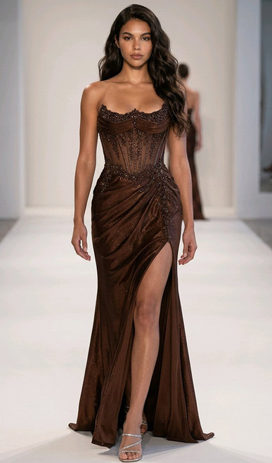 HAND BEADED DETAIL STRETCH SHIPPER CORSET FORMAL DRESS - IMAGE 1