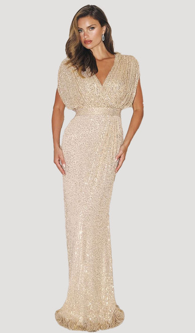 stretch sequin evening gown with slight flutter sleeve - Image 1 stretch sequin evening gown with slight flutter sleeve - Image 1