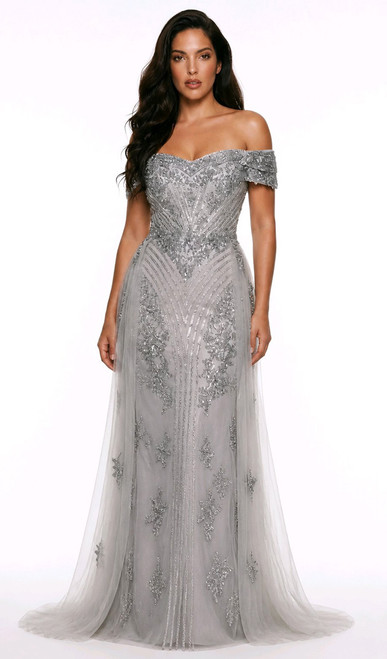 Glamorous off shoulder hand beaded red carpet gown with back train - Image 1