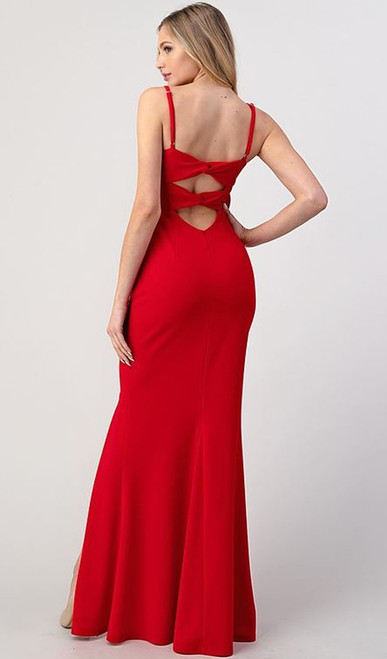 Red cut out back stretch jersey formal evening gown with side split - Image 2