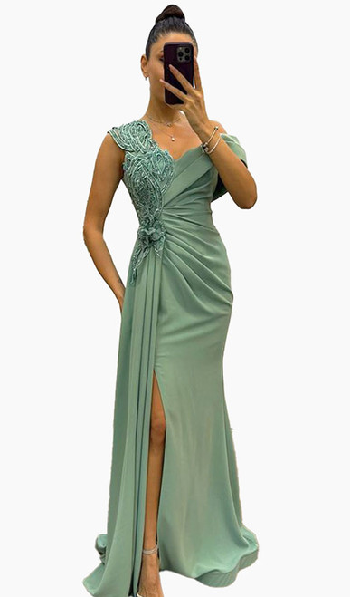 Sage designer pleated evening gown with side split and hand made detail - Image 1 Sage designer pleated evening gown with side split and hand made detail - Image 1