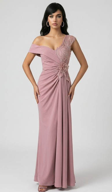 Rose designer asymmetrical pleated evening gown with hand crafted beaded detail - Image 1