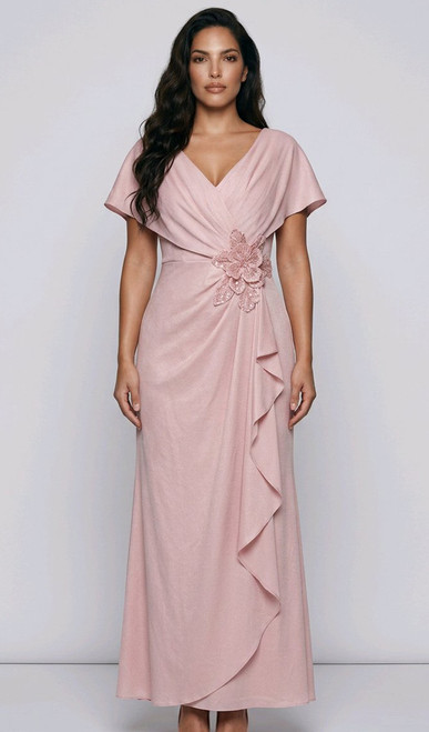 Flutter sleeve evening gown with rose embellishment - Image 1