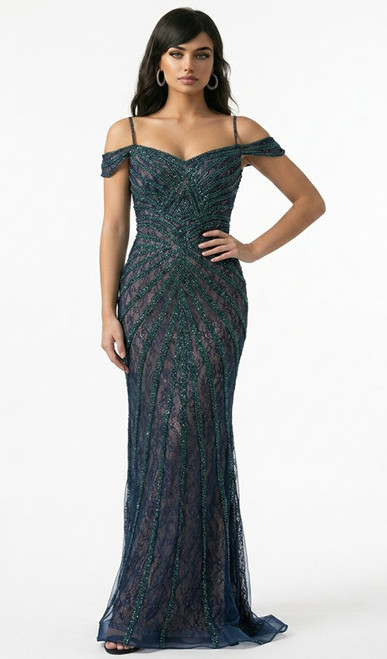 Navy/emerald hand beaded reception gown - Image 1
