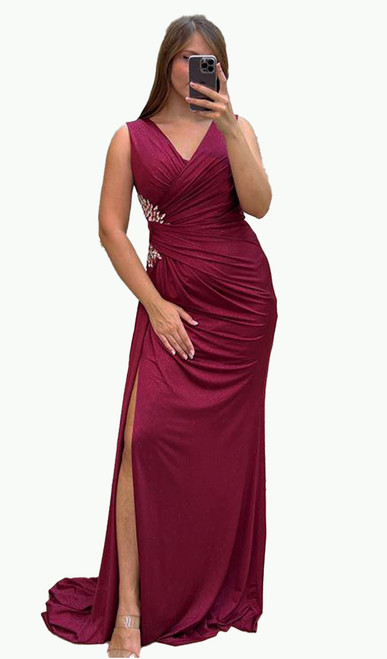 flattering stretch shimmer gown with side diamante detail - image 1
