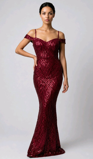 Stretch sequin evening dress with slight shoulder coverage -Image 1