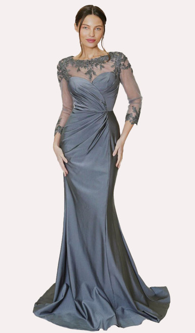 modern mesh sleeve stretch jersey evening gown - image 1