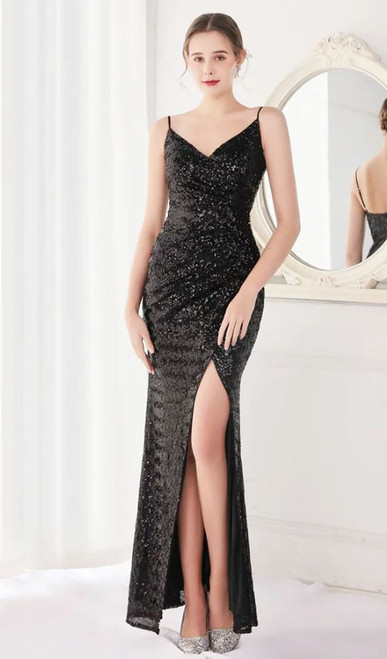 FLATTERING BLACK WRAP AROUND EVENING GOWN WITH SIDE SPLIT - IMAGE 1