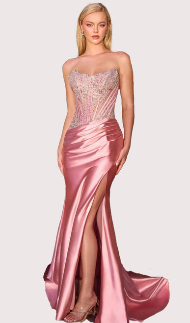PINK CORSET GOWN WITH DIAMONY HAND BEADED DETAIL AND SIDE SPLIT - IMAGE 1