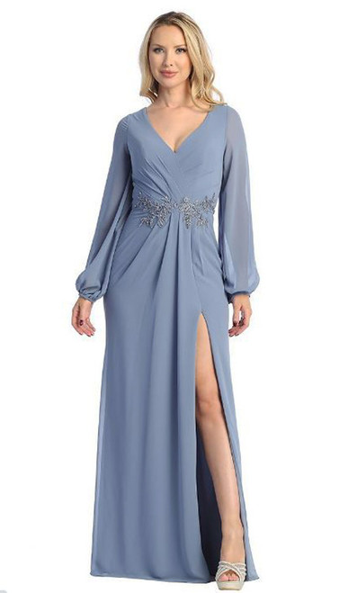 Powder blue chiffon pleated evening dress with elbow sleeve - Image 1