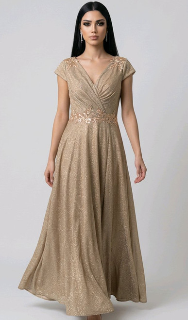 Stretch shimmer material empire waist ballgown with cap sleeves - Image 1