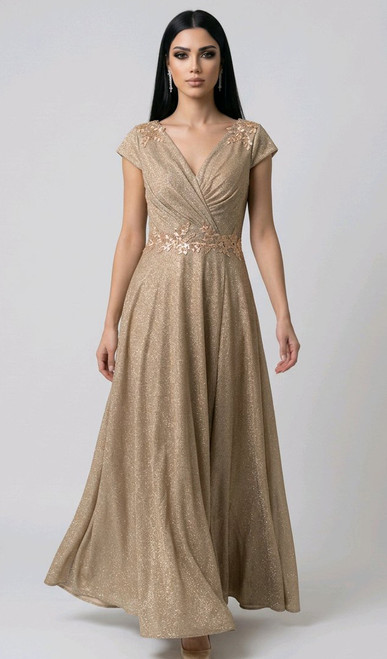 Stretch shimmer material empire waist ballgown with cap sleeves - Image 1