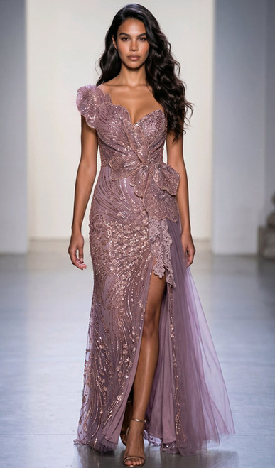 RED CARPET BEADED COUTURE ASYMMETRICAL GOWN - IMAGE 1