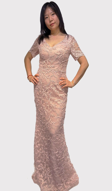 Hand beaded lace glamour gown with sleeves - Image 1
