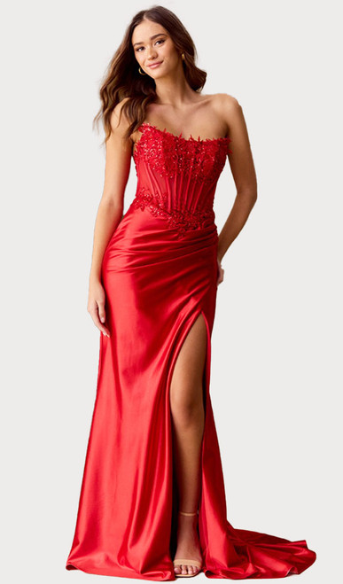Strapless red corset formal gown with tie-up back - Image 1 Strapless red corset formal gown with tie-up back - Image 1