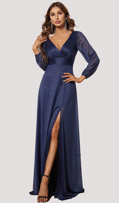 Empire waist flattering chiffon shimmer gown with sheer sleeves - Image 1 Empire waist flattering chiffon shimmer gown with sheer sleeves - Image 1