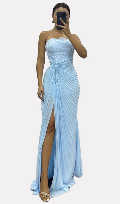 Sky blue pleated chiffon and lace formal gown with side split - Image 1