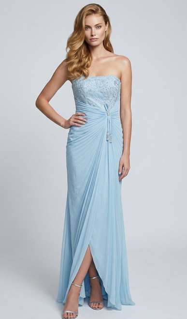 Sky blue pleated chiffon and lace formal gown with side split - Image 1