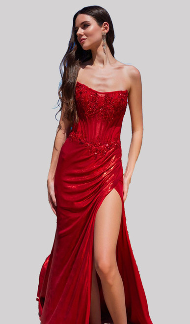Red corset formal gown with tie-up back and metallic satin wrap skirt - Image 1 Red corset formal gown with tie-up back and metallic satin wrap skirt - Image 1