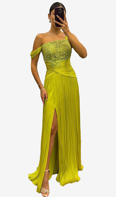 Apple Green pleated romantic gown with crystal lace embroidery - Image 1