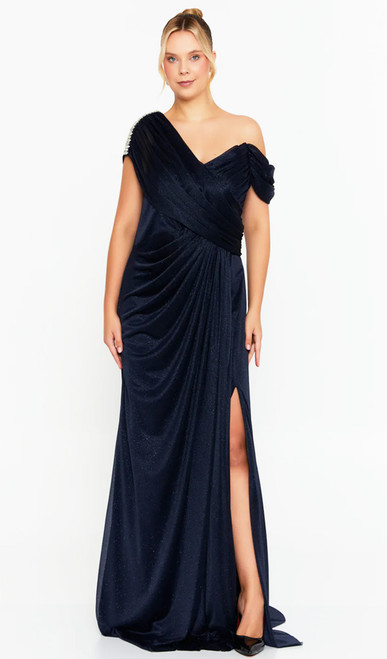 NAVY STRETCH SHIMMER FLATTERING ASSYMETRICAL GODDESS GOWN - IMAGE 1