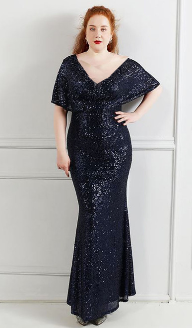 NAVY STRETCH SEQUIN FLUTTER SLEEVE EVENING GOWN - IMAGE 1