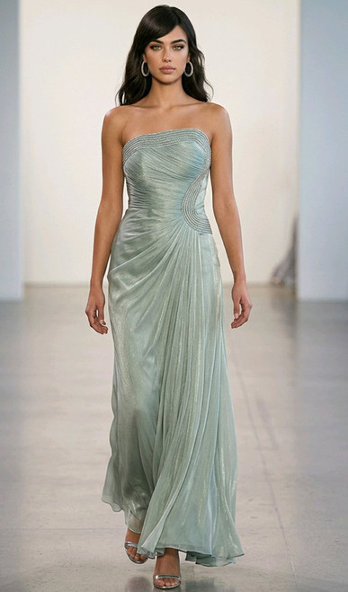 STRAPLESS PLEATED CORSET EVENING GOWN WITH BEADED DETAIL - IMAGE 1