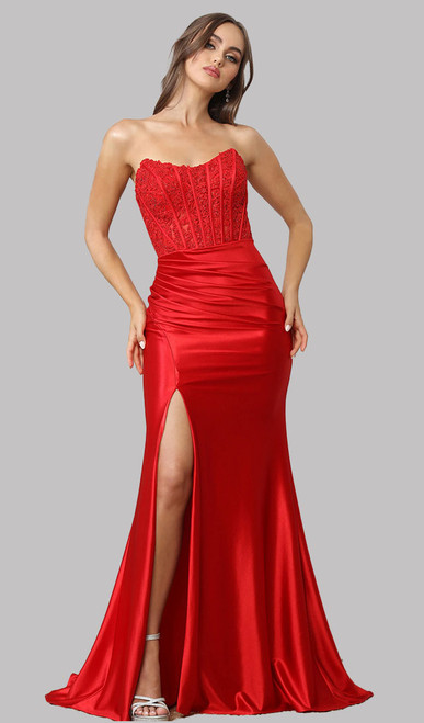 MODERN RED CORSET LACE AND SATIN GOWN WITH LACE UP BACK IMAGE 1