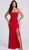 RED CHIFFON GATHERED CORSET GOWN WITH TIE-UP BACK AND SIDE SPLIT- IMAGE 1