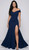 NAVY OFF SHOULDER STRETCH JERSEY EVENING GOWN - IMAGE 1
